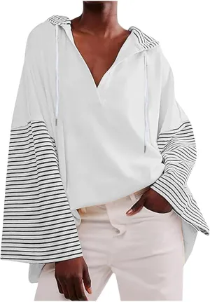 Womens Oversized Sweatshirt Striped Color Block Hoodies Drawstring Casual V Neck Long Sleeve Pullover Tops