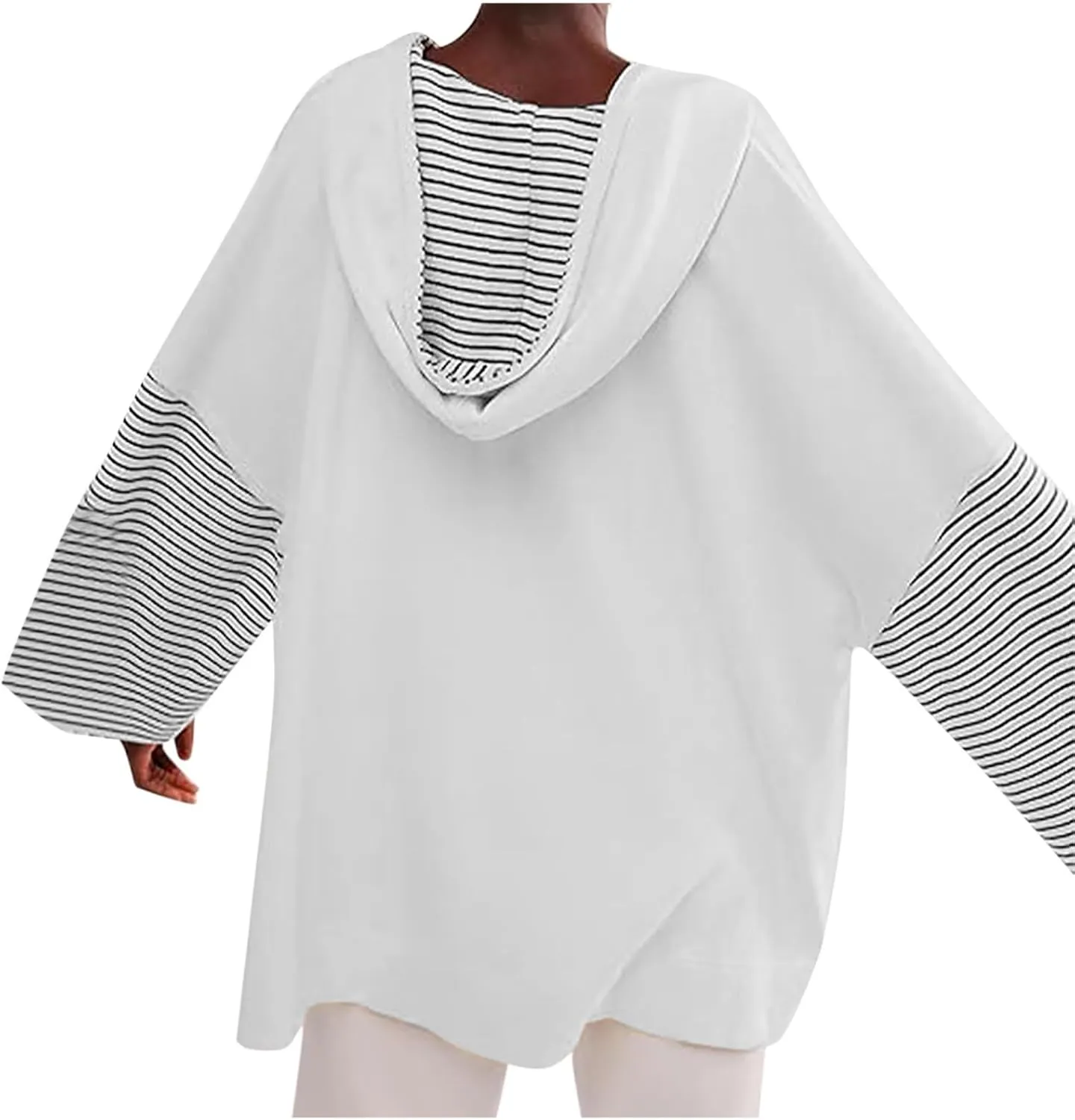 Womens Oversized Sweatshirt Striped Color Block Hoodies Drawstring Casual V Neck Long Sleeve Pullover Tops