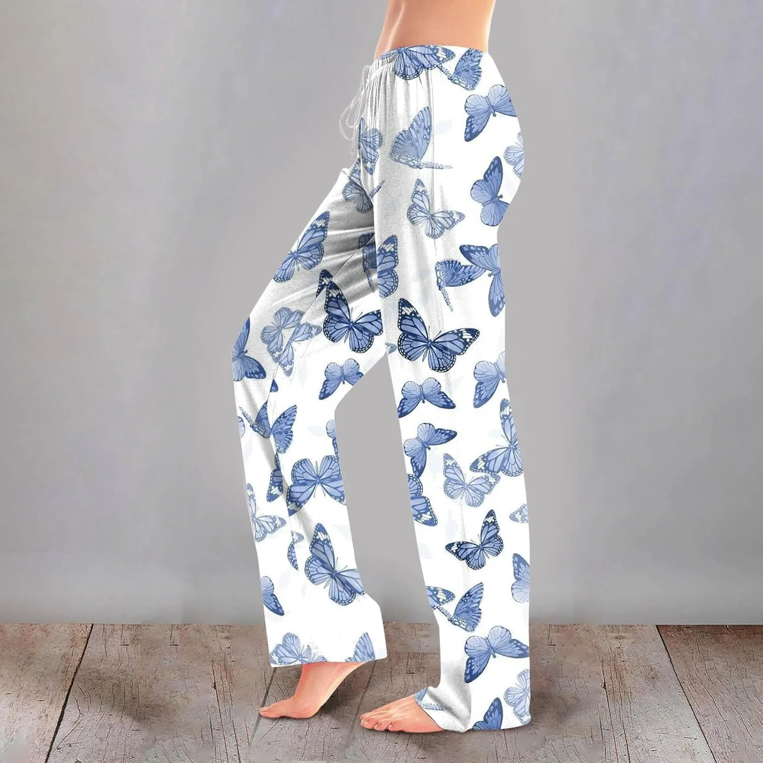 Womens Pajama Pants Butterfly Print High Waist Casual Palazzo Pants Drawstring Wide Leg Trousers with Pocket
