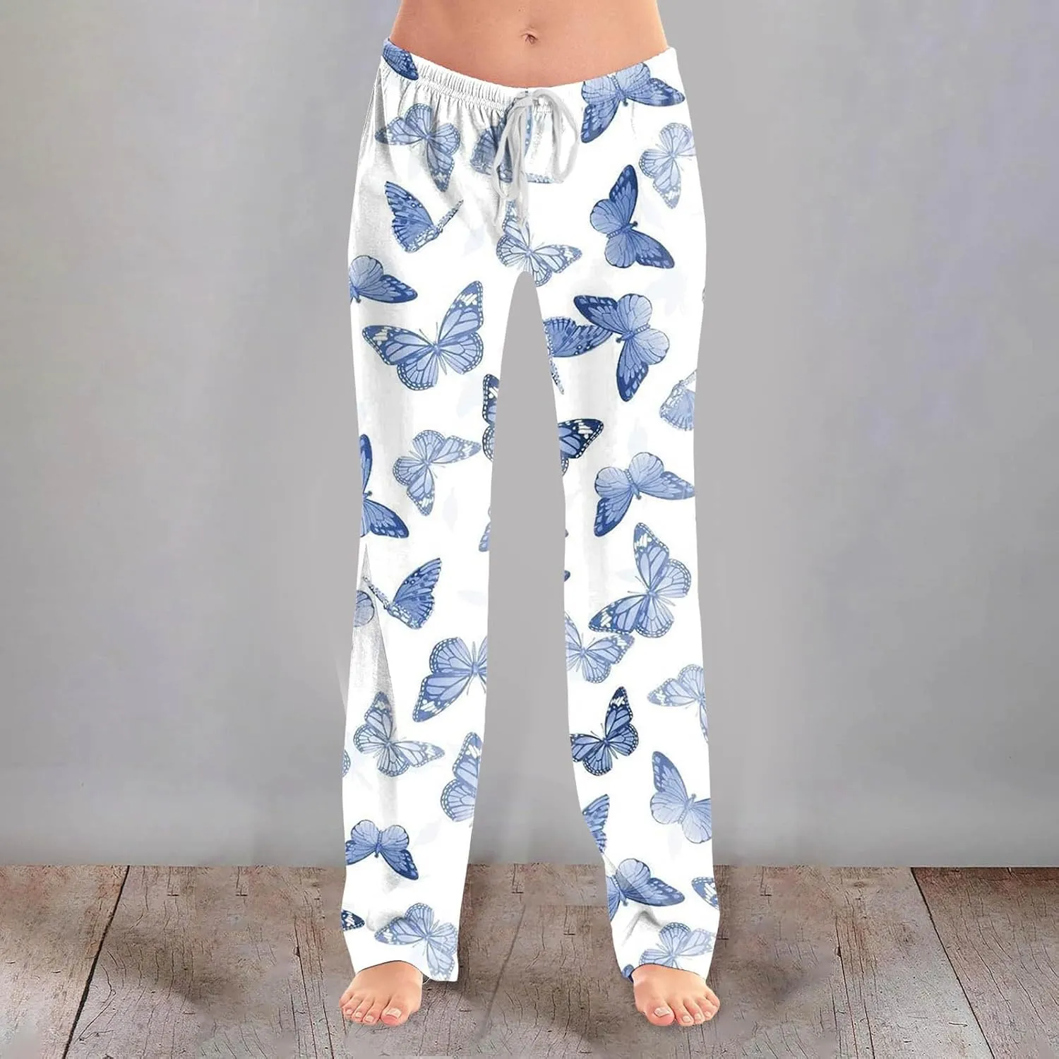 Womens Pajama Pants Butterfly Print High Waist Casual Palazzo Pants Drawstring Wide Leg Trousers with Pocket