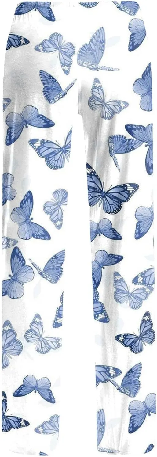 Womens Pajama Pants Butterfly Print High Waist Casual Palazzo Pants Drawstring Wide Leg Trousers with Pocket