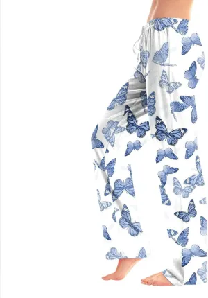 Womens Pajama Pants Butterfly Print High Waist Casual Palazzo Pants Drawstring Wide Leg Trousers with Pocket