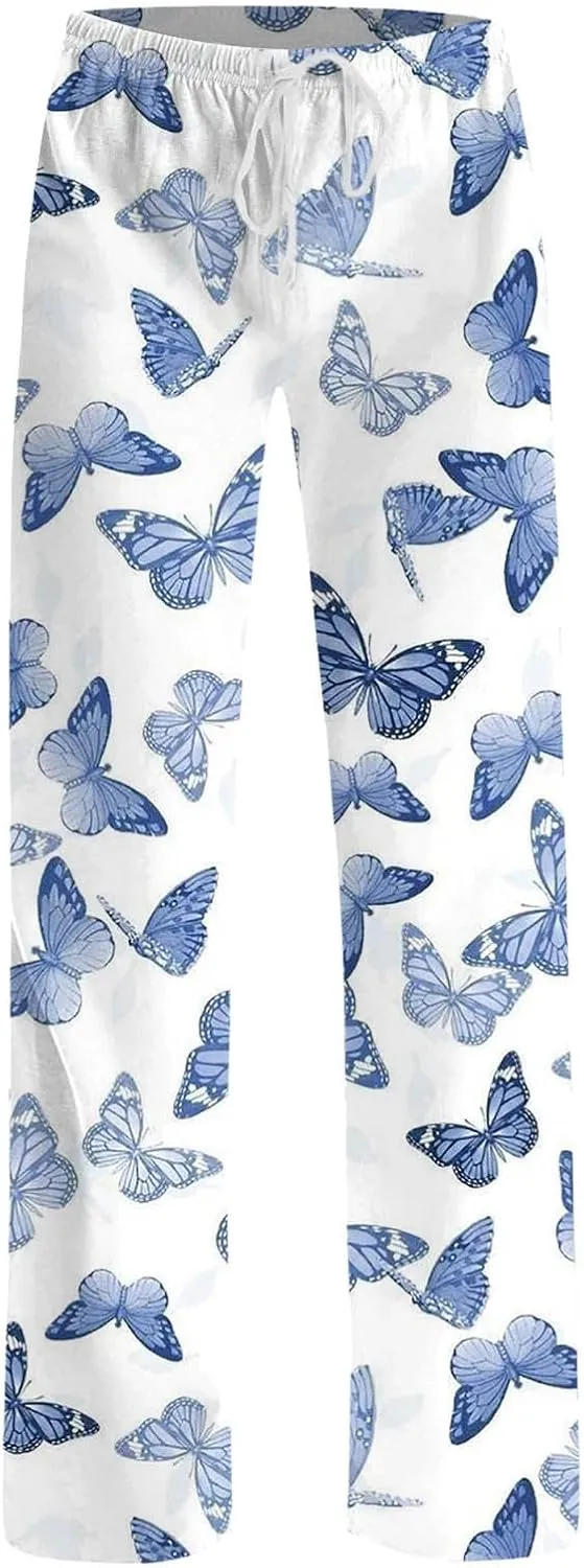 Womens Pajama Pants Butterfly Print High Waist Casual Palazzo Pants Drawstring Wide Leg Trousers with Pocket