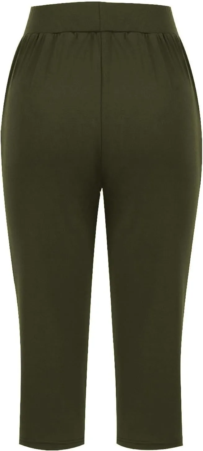 Women's Pants, High Waist Capri Pants with Pockets Wide Leg Cropped Casual