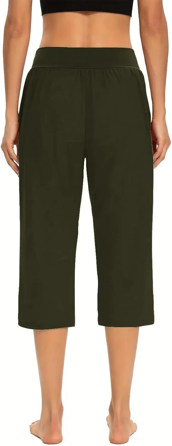 Women's Pants, High Waist Capri Pants with Pockets Wide Leg Cropped Casual