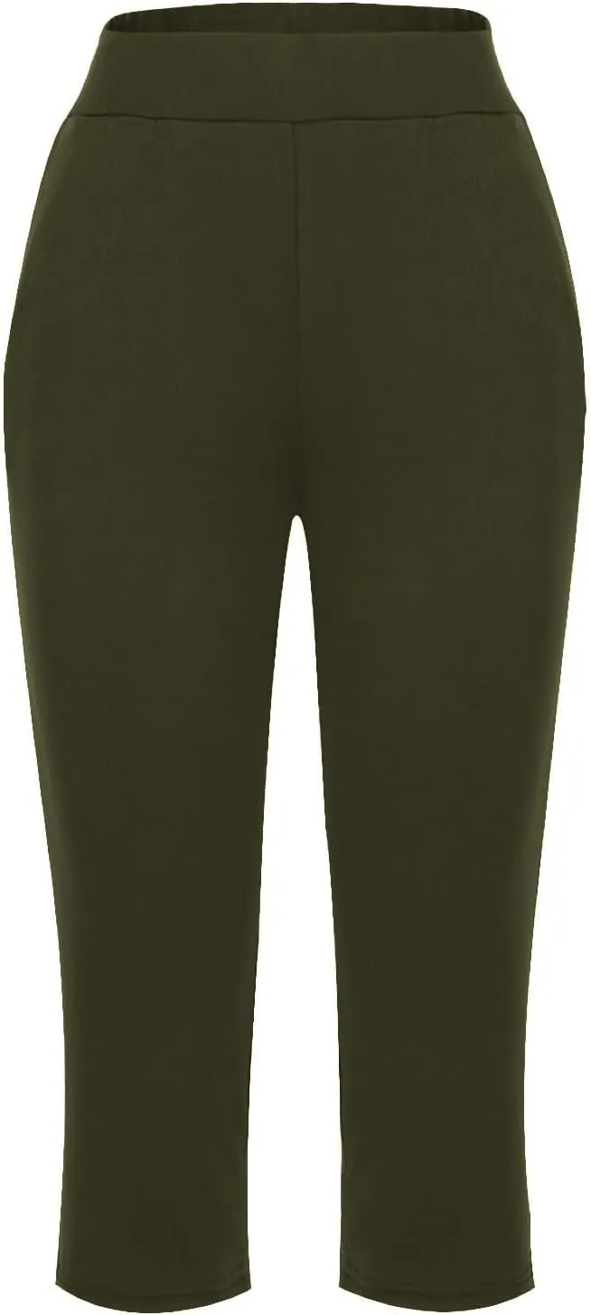 Women's Pants, High Waist Capri Pants with Pockets Wide Leg Cropped Casual