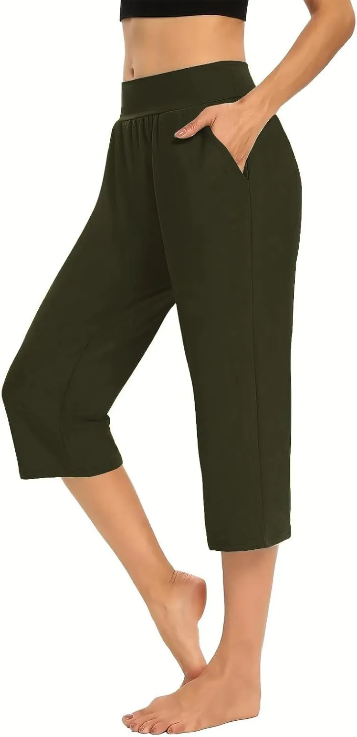 Women's Pants, High Waist Capri Pants with Pockets Wide Leg Cropped Casual