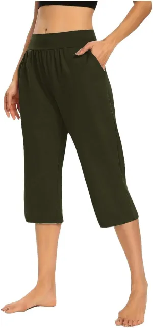 Women's Pants, High Waist Capri Pants with Pockets Wide Leg Cropped Casual