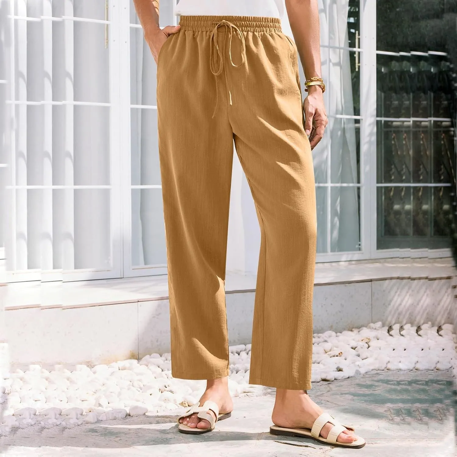 Womens Pants, Straight Leg Casual Pants Linen Everyday Peasant Solid Color Wide