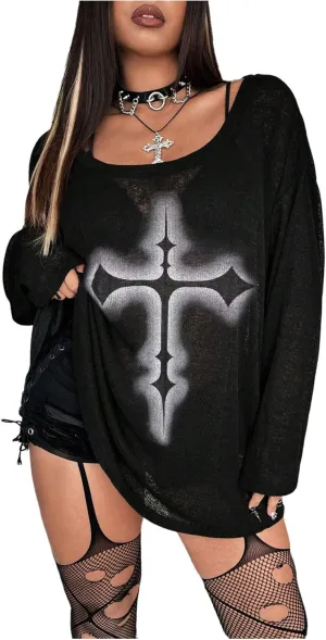 Women's Plus Size Goth Shirts Cross Print T Shirt Scoop Neck Long Sleeve Oversized Dressy Casual Tee Tops