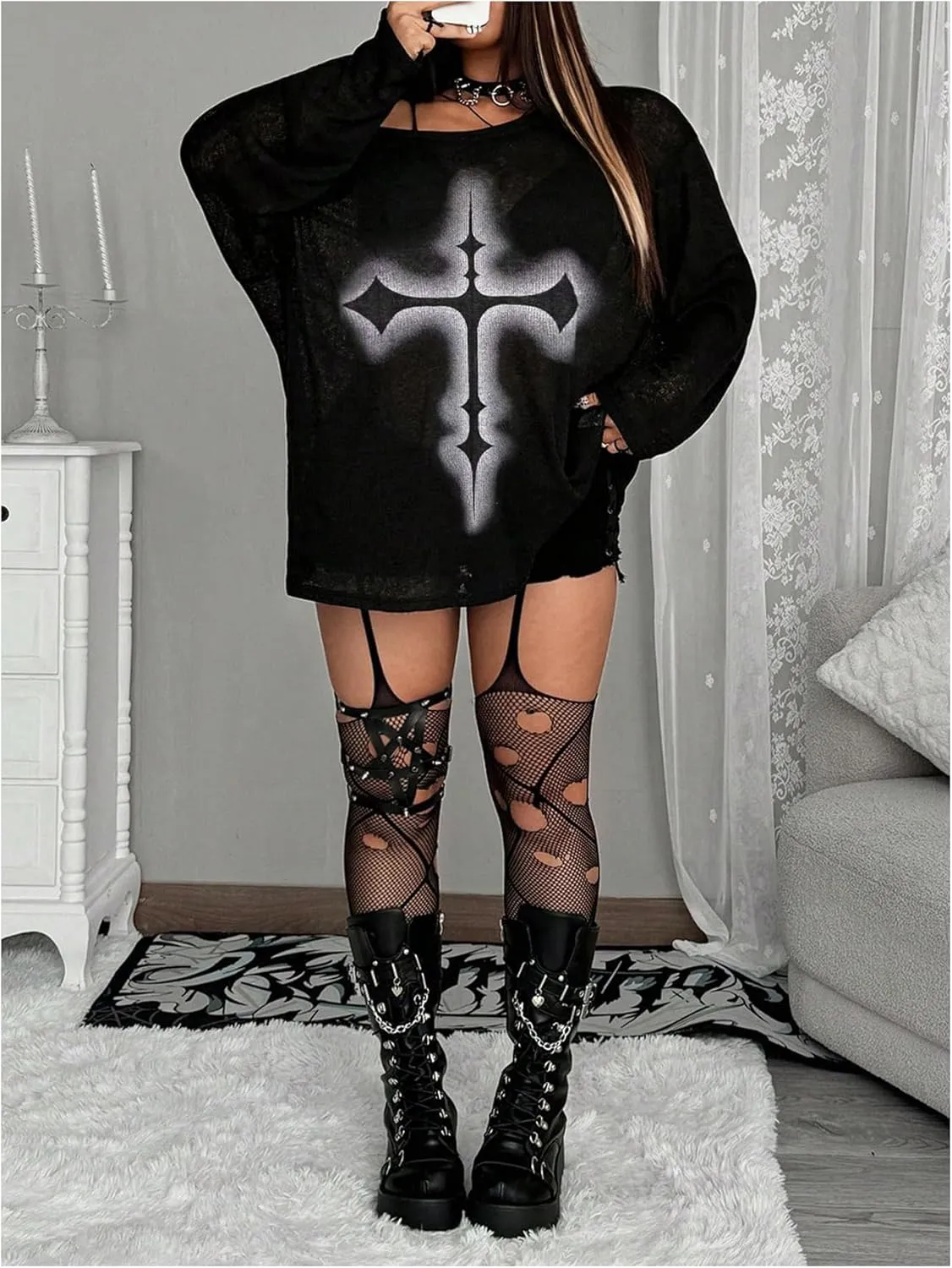 Women's Plus Size Goth Shirts Cross Print T Shirt Scoop Neck Long Sleeve Oversized Dressy Casual Tee Tops