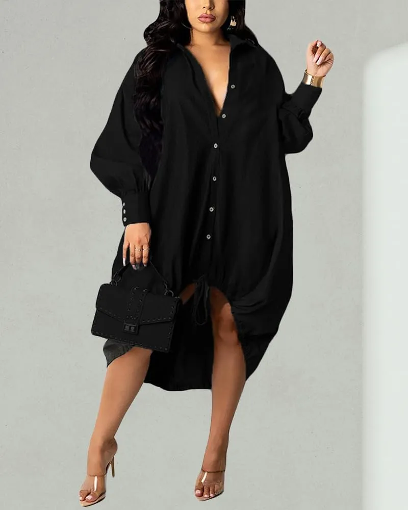 Womens Plus Size Lantern Dresses Button Down Long Sleeve Floral Drawstring Hem Midi Dress Casual