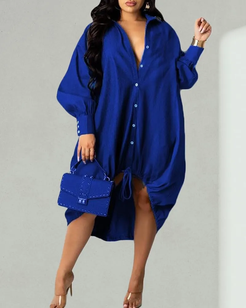 Womens Plus Size Lantern Dresses Button Down Long Sleeve Floral Drawstring Hem Midi Dress Casual