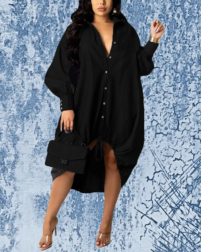 Womens Plus Size Lantern Dresses Button Down Long Sleeve Floral Drawstring Hem Midi Dress Casual