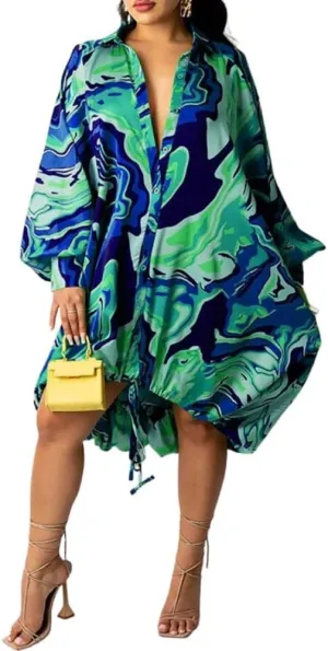 Womens Plus Size Lantern Dresses Button Down Long Sleeve Floral Drawstring Hem Midi Dress Casual