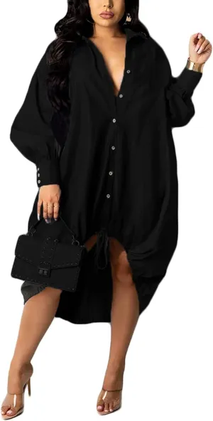Womens Plus Size Lantern Dresses Button Down Long Sleeve Floral Drawstring Hem Midi Dress Casual