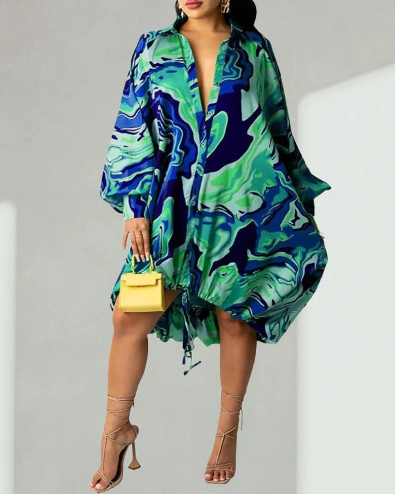 Womens Plus Size Lantern Dresses Button Down Long Sleeve Floral Drawstring Hem Midi Dress Casual