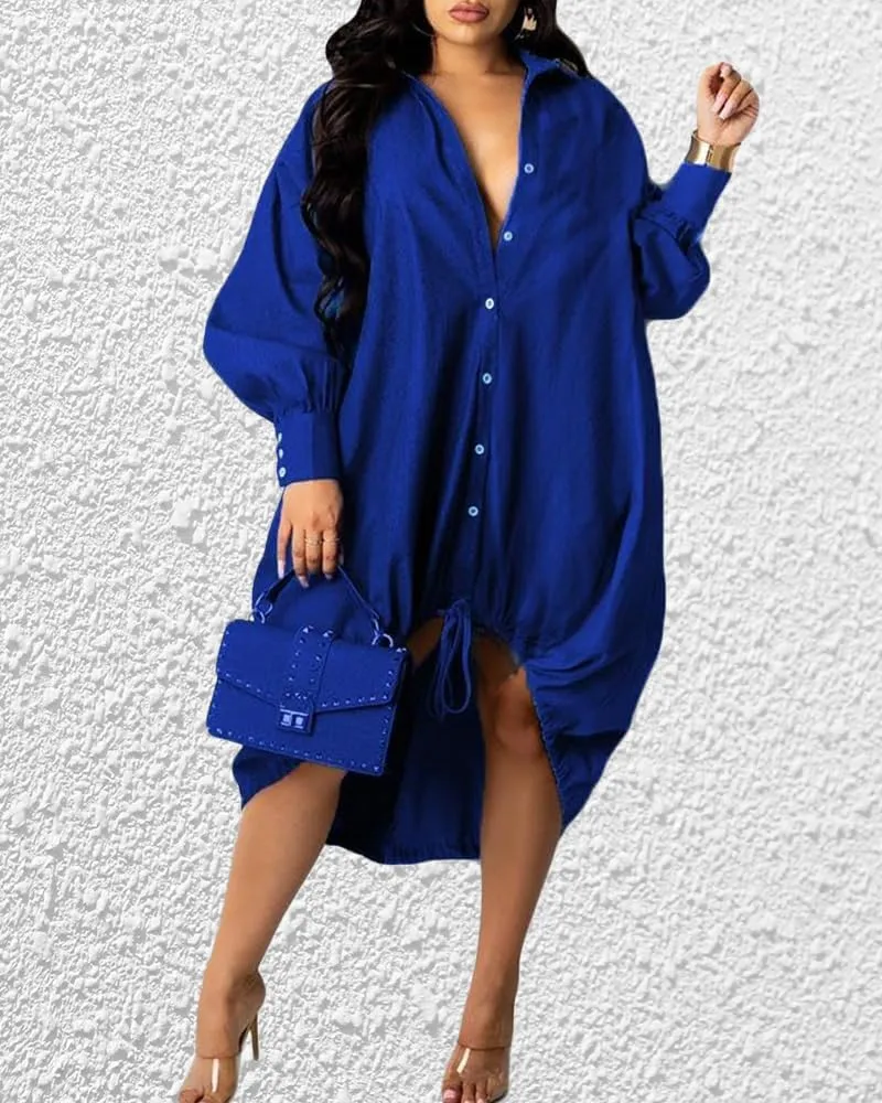 Womens Plus Size Lantern Dresses Button Down Long Sleeve Floral Drawstring Hem Midi Dress Casual