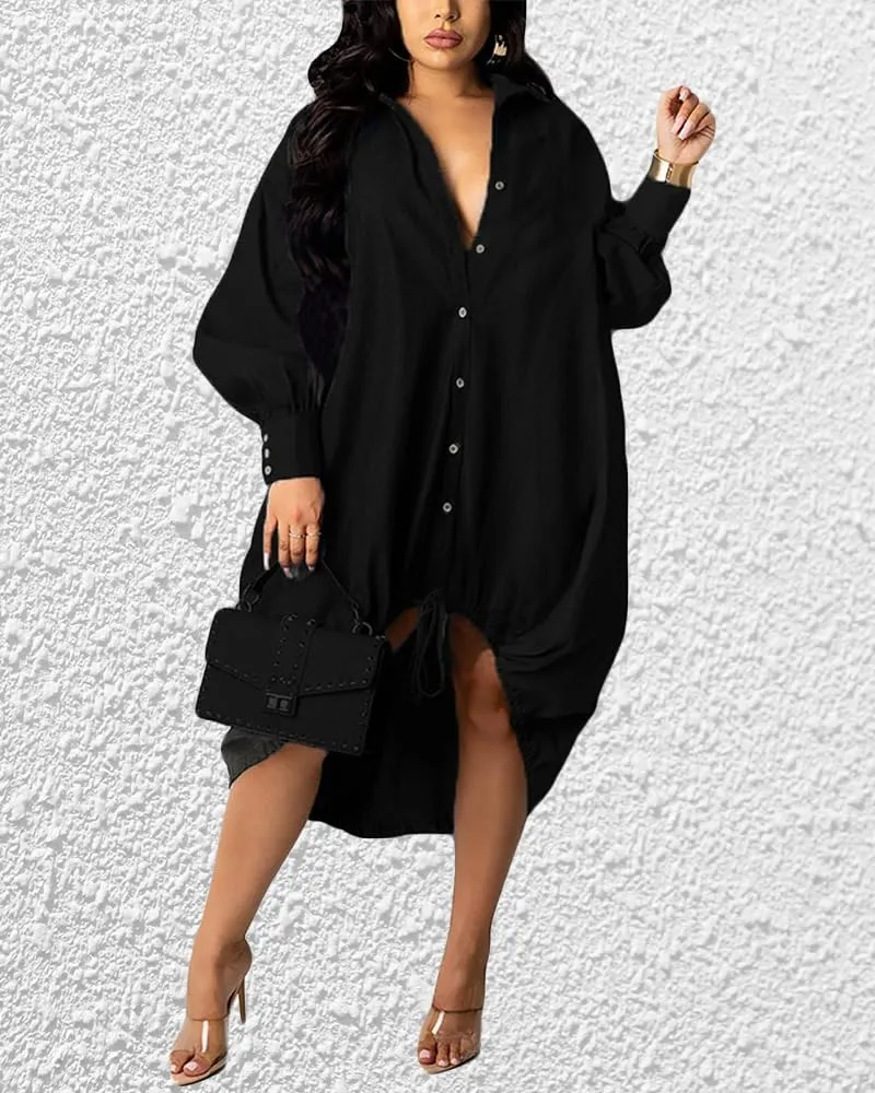 Womens Plus Size Lantern Dresses Button Down Long Sleeve Floral Drawstring Hem Midi Dress Casual