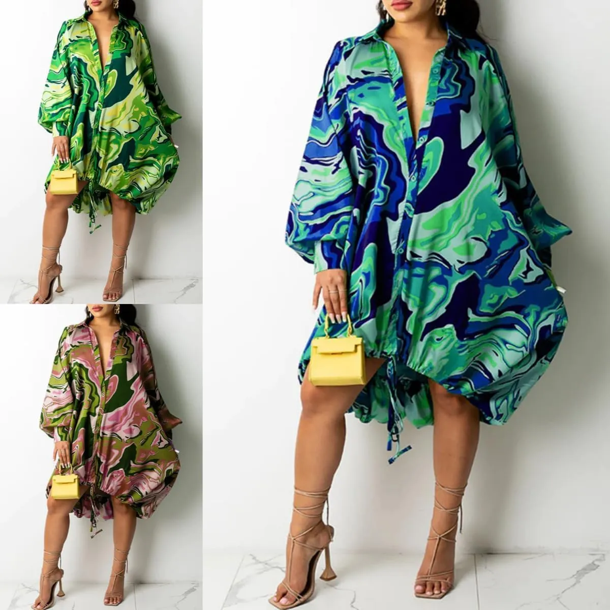Womens Plus Size Lantern Dresses Button Down Long Sleeve Floral Drawstring Hem Midi Dress Casual