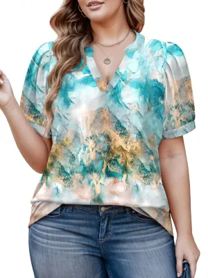 Womens Plus Size Tops Summer Puff Sleeve Shirts Casual Pleated Notched V Neck Tunics Tee XL-5XL