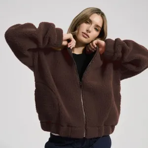 Women's Plush Bomber Jacket - 100% Wool - Chocolate Martini (XS-L)