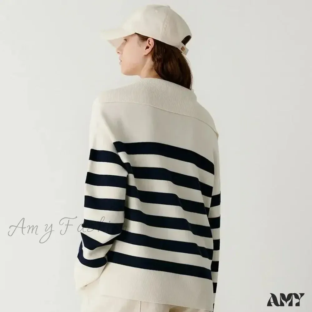 Women's Pullover Autumn/Winter 100% Wool Loose Casual Knit Navy Collar Sweater