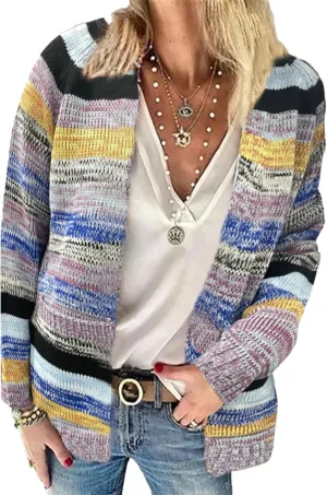 Women's Rainbow Striped Cardigan Sweater Chunky Long Sleeve Multicolor Open Front Sweater Soft Outerwear Coats