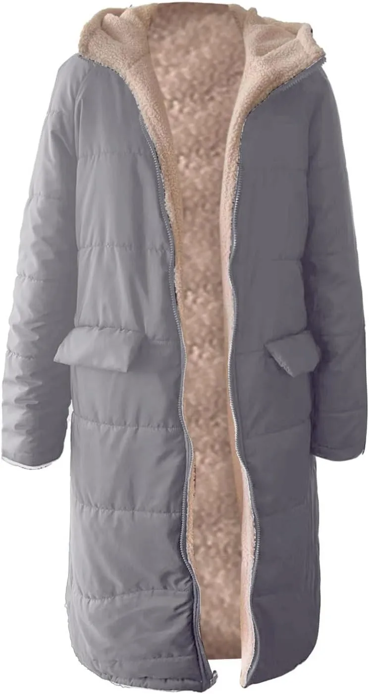 Womens Sherpa Wool Lined Puffer Jacket Double Faced Long Sleeve Hooded Down Jacket Thickened Thermal Long Overcoat