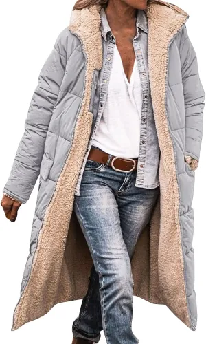 Womens Sherpa Wool Lined Puffer Jacket Double Faced Long Sleeve Hooded Down Jacket Thickened Thermal Long Overcoat