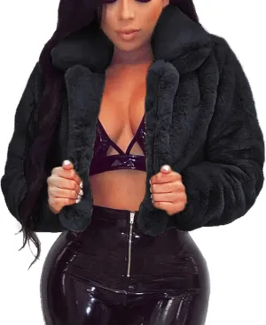 Womens Short Fur Coat Fluffys Fleece Outwear Turn-Down Collar Faux Furs Tops Winter Warm Sweater Jacket
