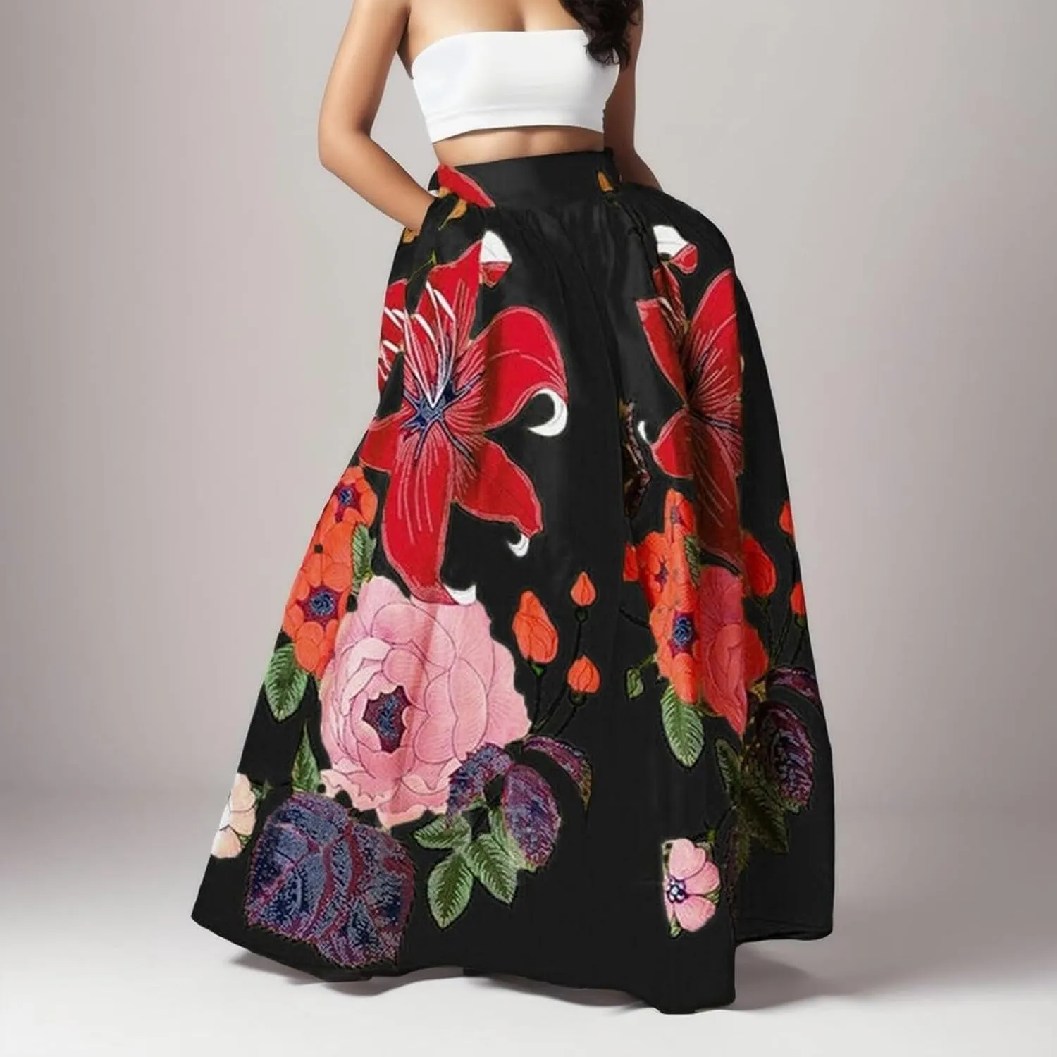 Women's Skirts Boho Maxi Skirt Fashion Loose Floral Printed Colorful Skirt High Waist Beach Maxi Trendy Skirt with Pocket