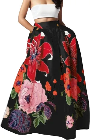 Women's Skirts Boho Maxi Skirt Fashion Loose Floral Printed Colorful Skirt High Waist Beach Maxi Trendy Skirt with Pocket