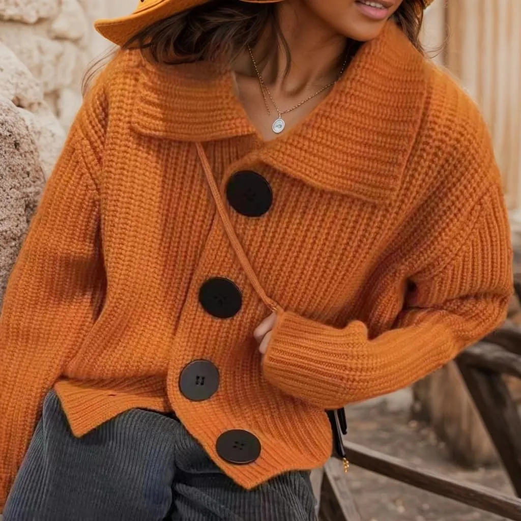 Women's Solid Lapel Cardigan Sweater Jacket Big Button Soft Long Sleeve Knit Sweater Light Coat Tops Outwear