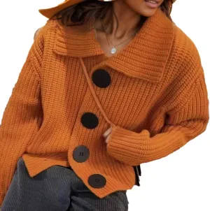 Women's Solid Lapel Cardigan Sweater Jacket Big Button Soft Long Sleeve Knit Sweater Light Coat Tops Outwear