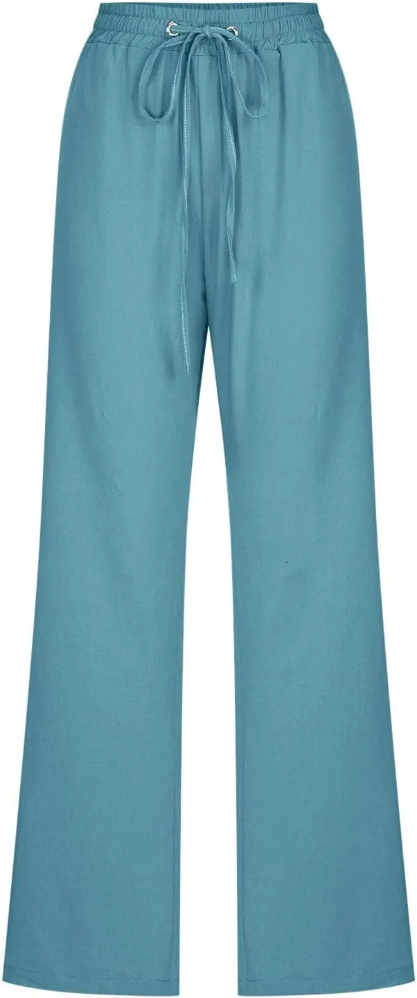 Women's Solid Striped Linen Capris Casual Drawstring Elastic Trousers Comfy Beach Palazzo Harem Pants with Pockets