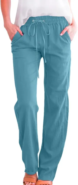 Women's Solid Striped Linen Capris Casual Drawstring Elastic Trousers Comfy Beach Palazzo Harem Pants with Pockets