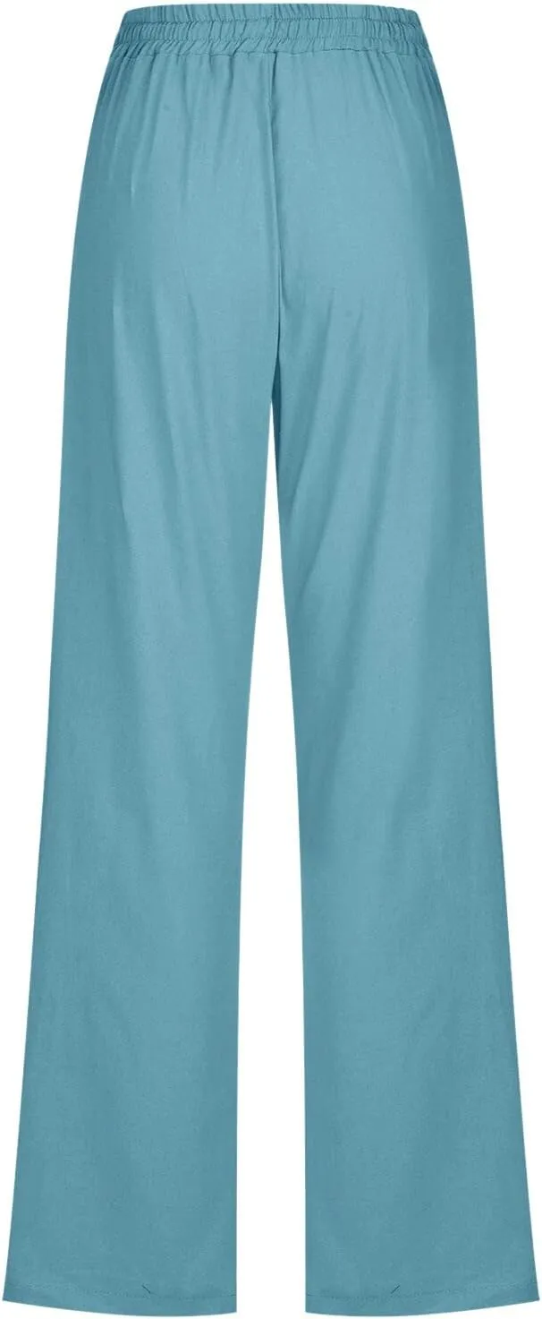 Women's Solid Striped Linen Capris Casual Drawstring Elastic Trousers Comfy Beach Palazzo Harem Pants with Pockets