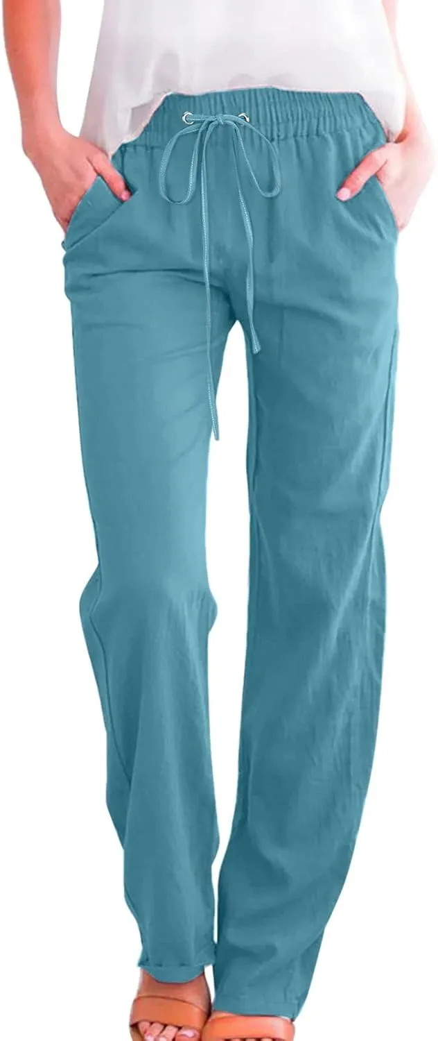 Women's Solid Striped Linen Capris Casual Drawstring Elastic Trousers Comfy Beach Palazzo Harem Pants with Pockets
