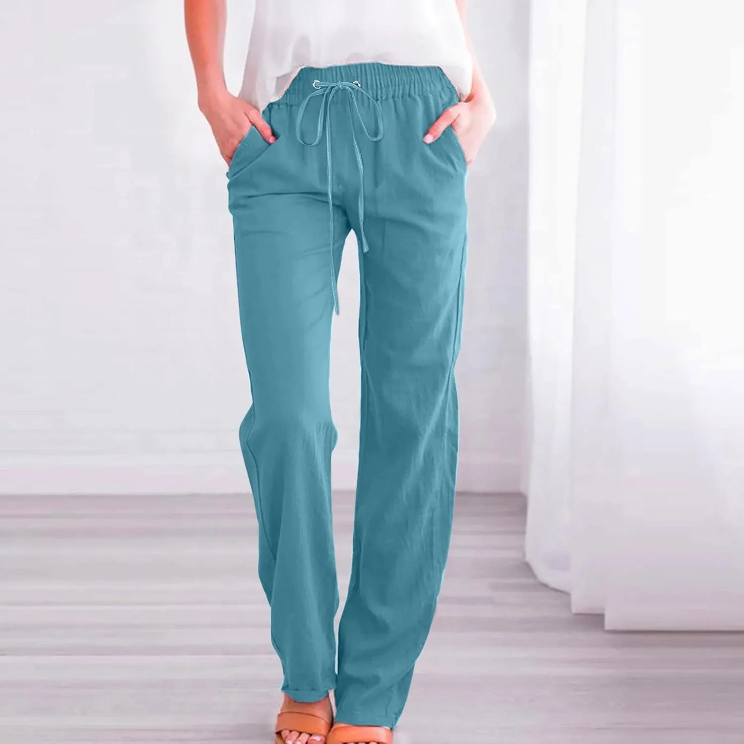 Women's Solid Striped Linen Capris Casual Drawstring Elastic Trousers Comfy Beach Palazzo Harem Pants with Pockets