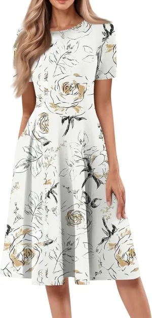 Womens Spring Dress Casual Short Sleeve Midi Dresses Round Neck Floral Print Pleated A Line Boho Flowy Beach Sundress