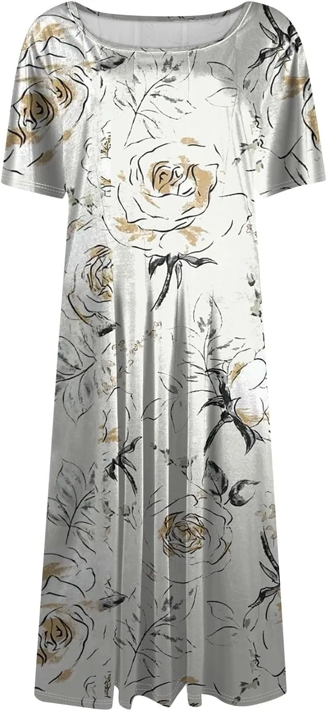 Womens Spring Dress Casual Short Sleeve Midi Dresses Round Neck Floral Print Pleated A Line Boho Flowy Beach Sundress