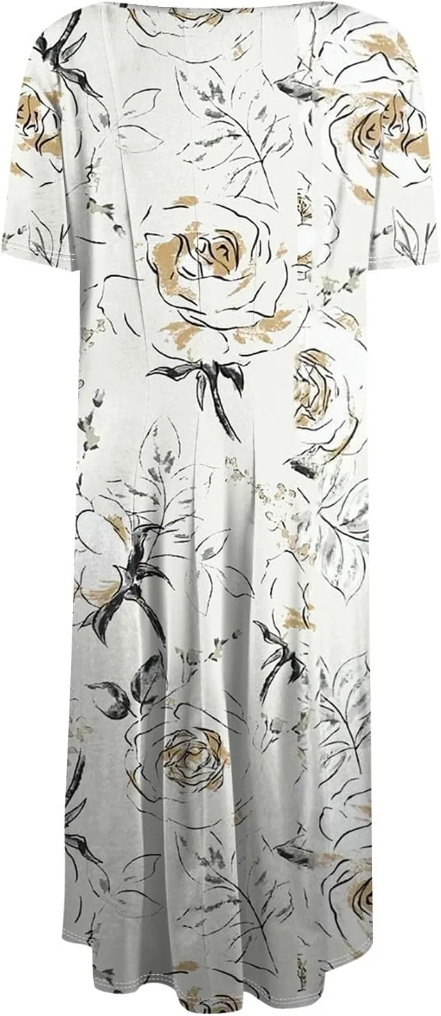 Womens Spring Dress Casual Short Sleeve Midi Dresses Round Neck Floral Print Pleated A Line Boho Flowy Beach Sundress