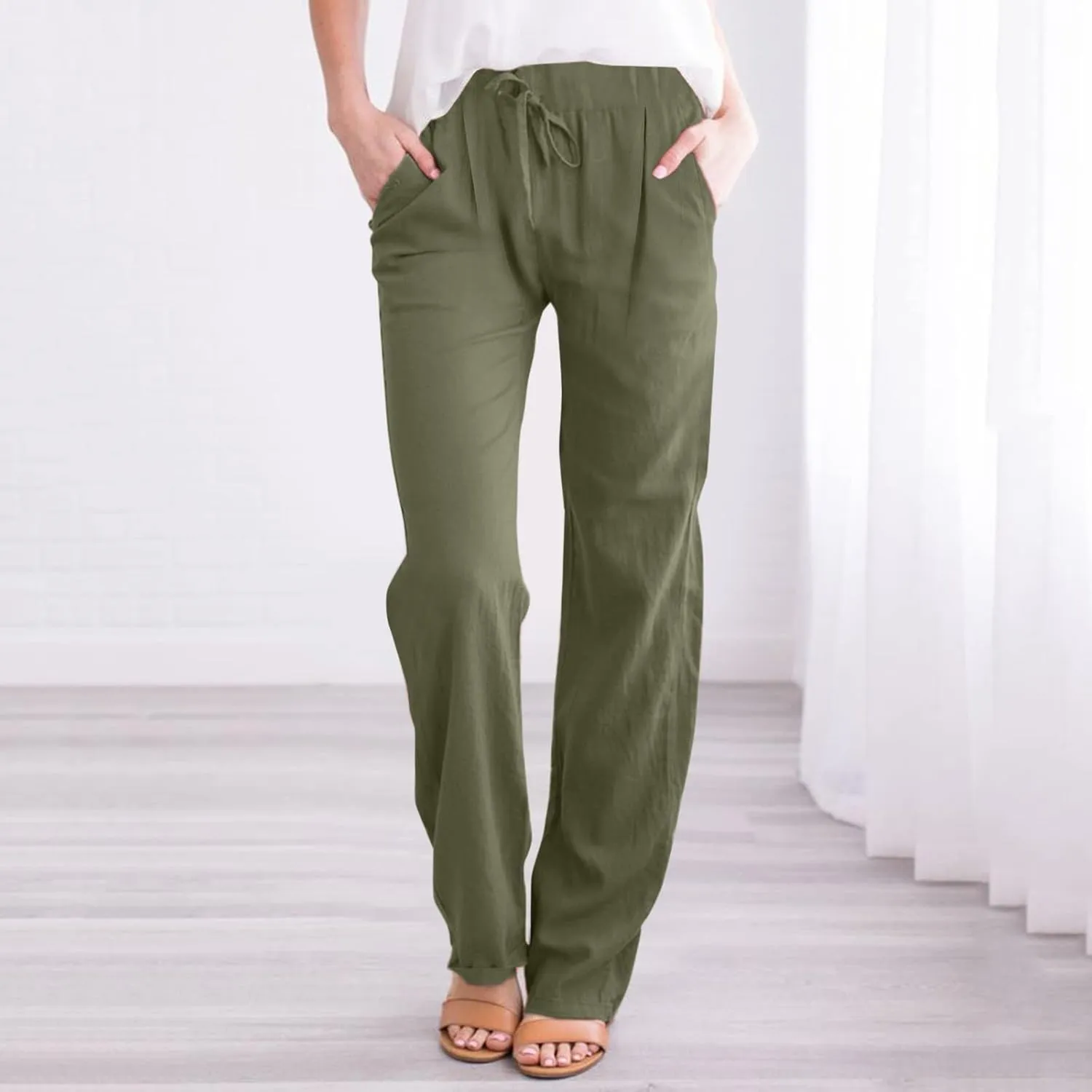 Womens Striped Pants and Straight Solid Elastic Pants Long Drawstring Women Waist Cotton Wide Leg High Waisted
