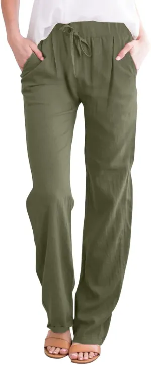 Womens Striped Pants and Straight Solid Elastic Pants Long Drawstring Women Waist Cotton Wide Leg High Waisted