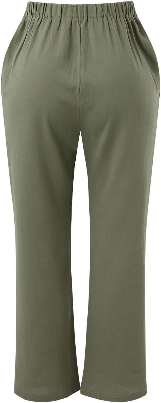 Womens Striped Pants and Straight Solid Elastic Pants Long Drawstring Women Waist Cotton Wide Leg High Waisted