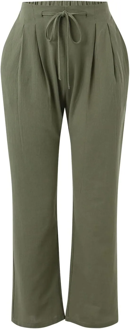 Womens Striped Pants and Straight Solid Elastic Pants Long Drawstring Women Waist Cotton Wide Leg High Waisted