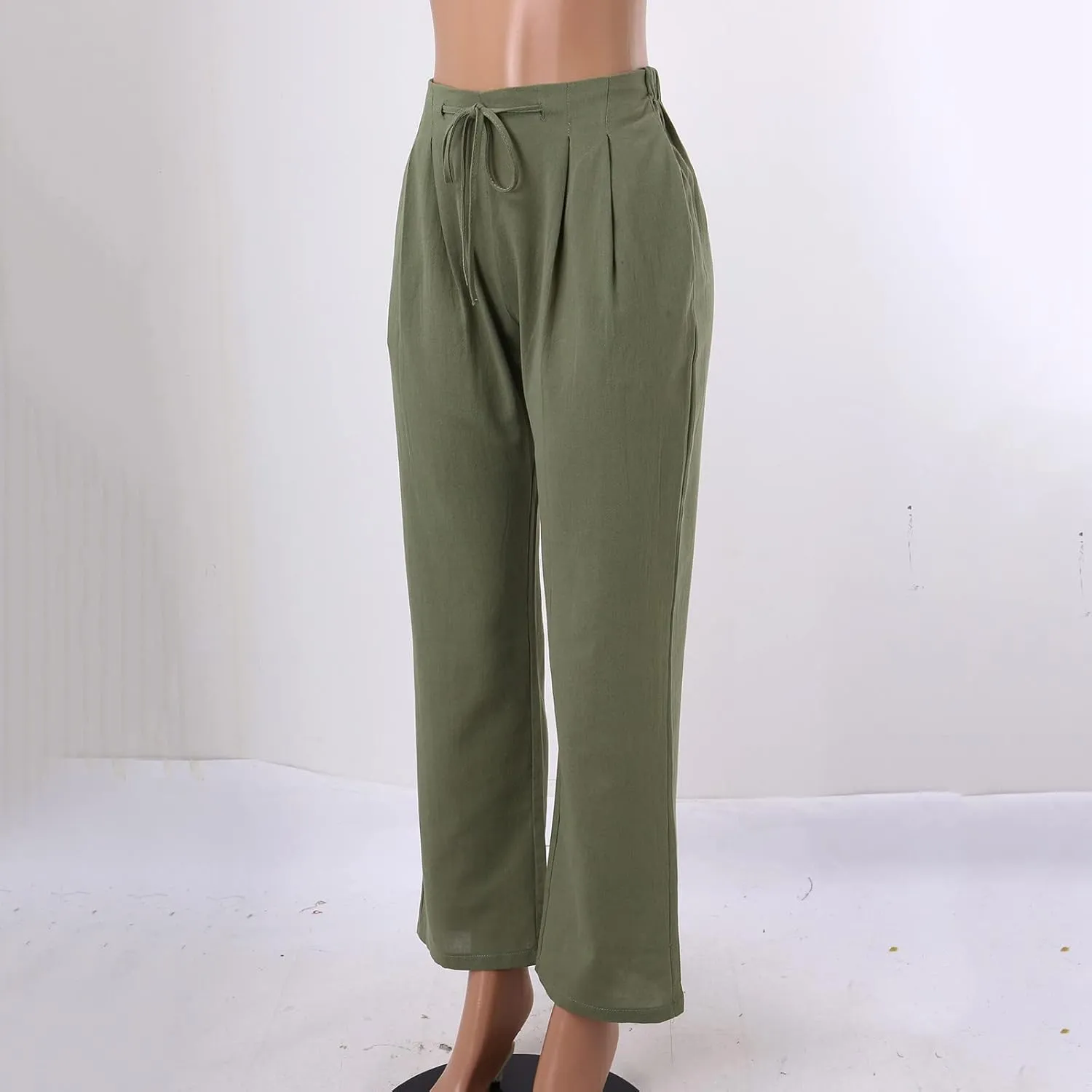 Womens Striped Pants and Straight Solid Elastic Pants Long Drawstring Women Waist Cotton Wide Leg High Waisted