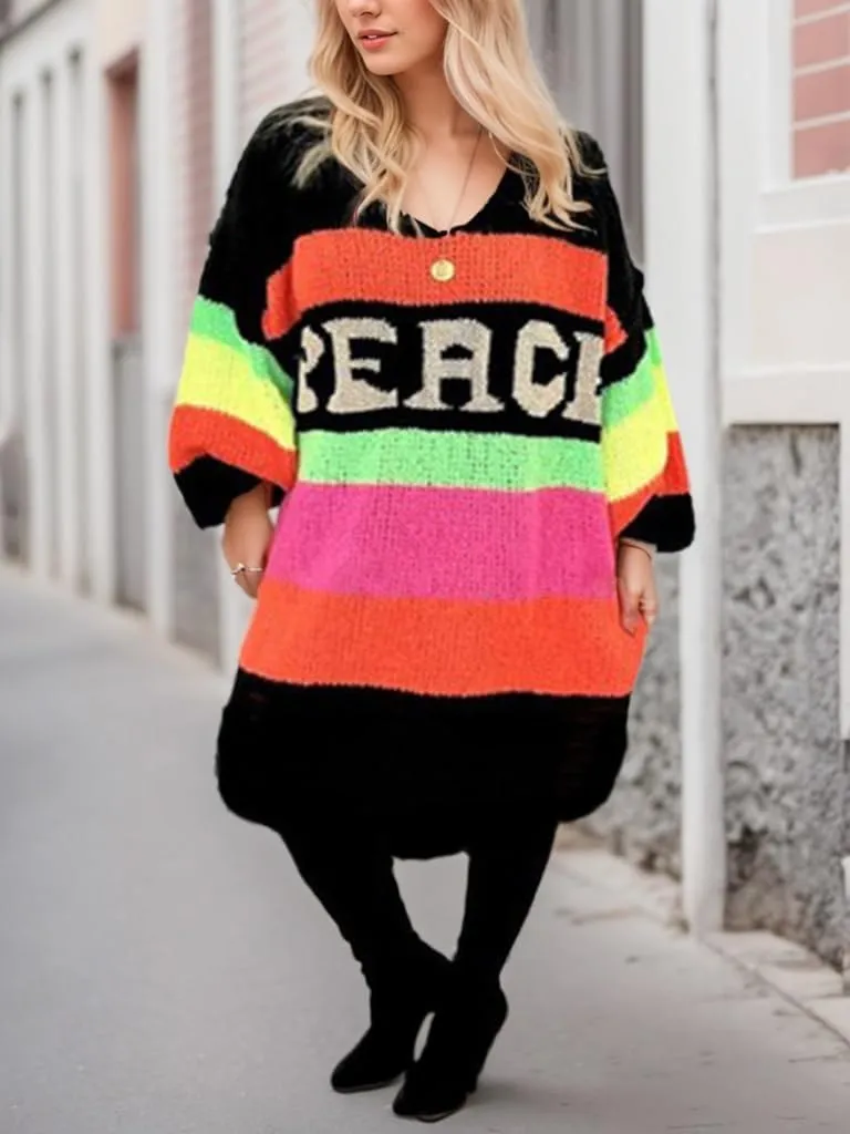 Women's Striped Sweater Pullover Dress - Oversized V-Neck Long Sleeve Knit Midi Dress - Casual Drop Shoulder