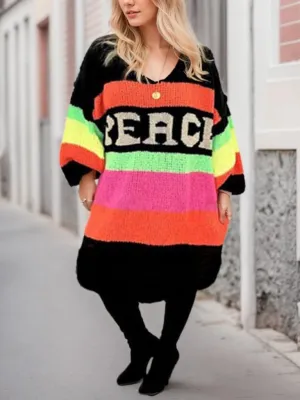 Women's Striped Sweater Pullover Dress - Oversized V-Neck Long Sleeve Knit Midi Dress - Casual Drop Shoulder